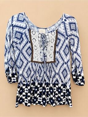 Anthropologie, Blue & White Lace-Trim Tunic Top by Vanessa Virginia